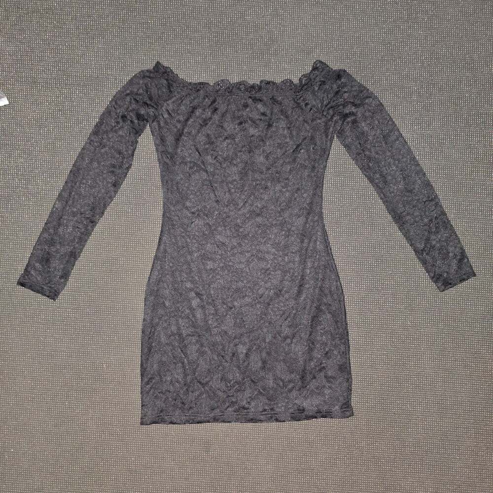 Women's Black Off-Shoulder Long Sleeve Lace Mini Dress